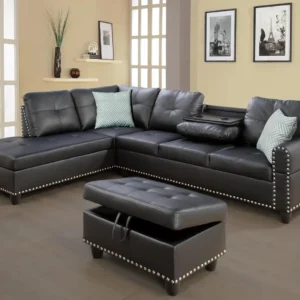 Modern 4-Seaters Sets with Chaise Lounge, Ottoman & 2 Pillows, Black