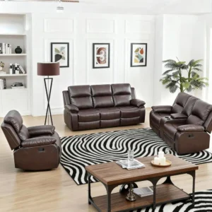 Brown Leather Set: 3-Piece Recliner Sofa with Sectional and Cup Holders