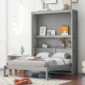 Space-Saving Murphy Wall Bed with Shelves, Grey,