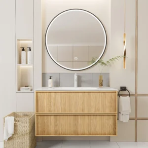 40-Inch Floating Vanity with Sink, Natural Oak Fluted Front Solid Wood, Wall-Mounted, White Stone Top