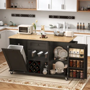 59" On Wheels, Rolling Island Cart with Drop Leaf Countertop,