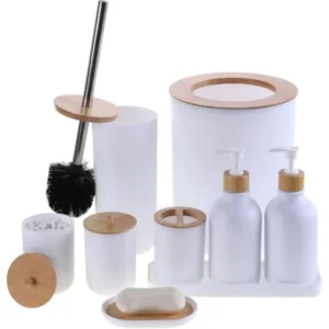9PCSBamboo Bathroom Accessories , Trash Can Soap Dispenser and Toothbrush Holder