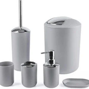 6 Piece Set with Soap Dispenser, Toothbrush Holder, and Trash Can , Gray